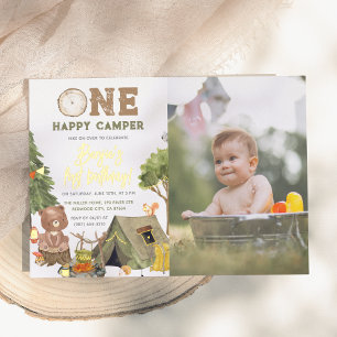Invitación Con Relieve Metalizado Brillante Un Feliz Camper Oso Foto Boy Primer Cump