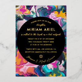 Invitación Con Relieve Metalizado Brillante y Colorido Marbling Abstracto Bat Mitzva