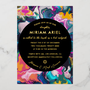 Invitación Con Relieve Metalizado Brillante y Colorido Marbling Abstracto Bat Mitzva