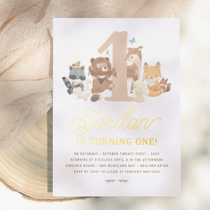 Invitación Con Relieve Metalizado Brillantes animales de Woodland Primera fiesta de 