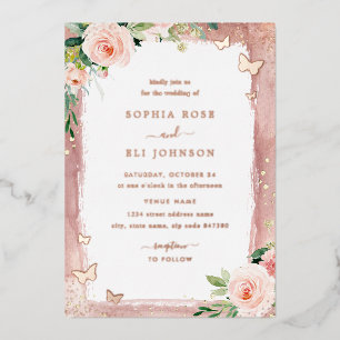 Invitación Con Relieve Metalizado Brillo Floral Rubor Rosa Real Rosa Dorada Boda
