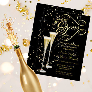 Invitación Con Relieve Metalizado Brindis de champán con confeti dorado para la fies