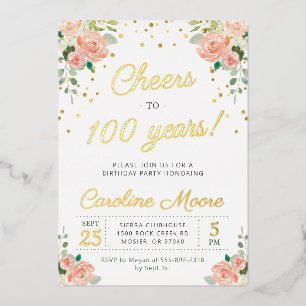 Invitación Con Relieve Metalizado Brindis por 100 Años Señoras Cumpleaños 100 Fiesta