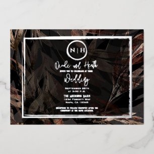 Invitación Con Relieve Metalizado Bronce Pardo Cobre Oscuro Botánico Boda Plata