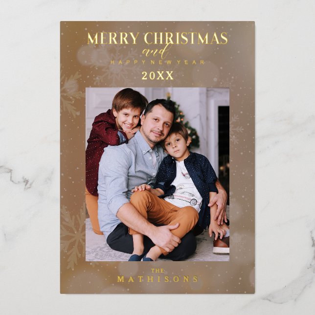 Invitación Con Relieve Metalizado Brown Snowflake Christmas Modern Custom Photo (Anverso)