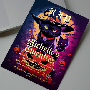 Invitación Con Relieve Metalizado Bruja Gato Negro Gótico Cumpleaños Halloween