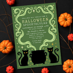 Invitación Con Relieve Metalizado Bruja Verde Gato Negro Caldero Fiesta de Halloween