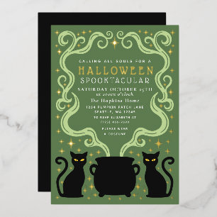 Invitación Con Relieve Metalizado Bruja Verde Gato Negro Caldero Fiesta de Halloween