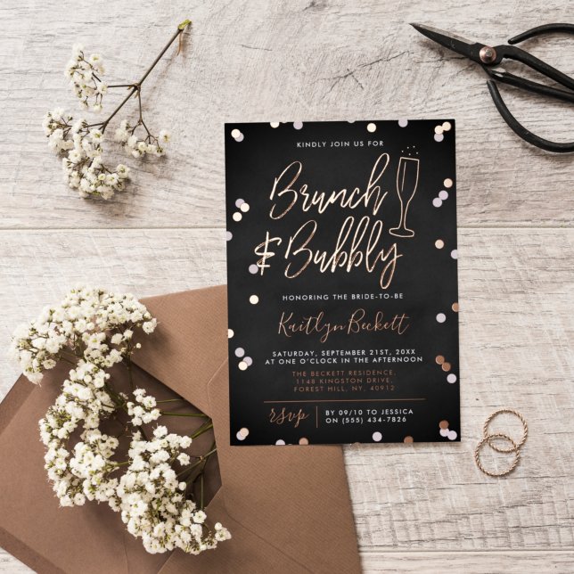 Invitación Con Relieve Metalizado Brunch & Bubbly Confetti Bridal Shower Real (Subido por el creador)
