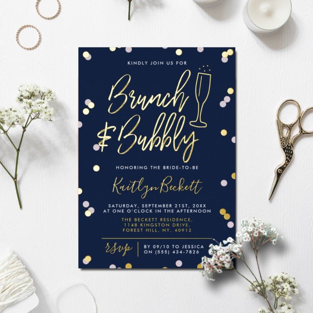 Invitación Con Relieve Metalizado Brunch & Bubbly Confetti Bridal Shower Real (Subido por el creador)