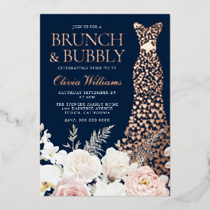 Invitación Con Relieve Metalizado Brunch & Bubbly Despedida de Soltera Floral Rosa D