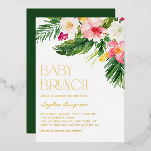 Invitación Con Relieve Metalizado Brunch de Baby Shower de Flores Tropicales Acuarel