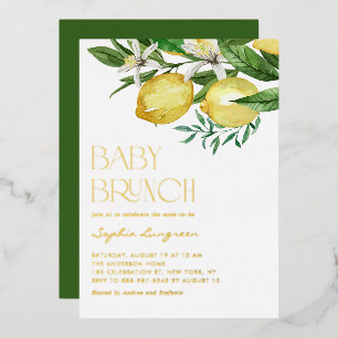 Invitación Con Relieve Metalizado Brunch de Baby Shower Floral de Limón Acuarela Boh