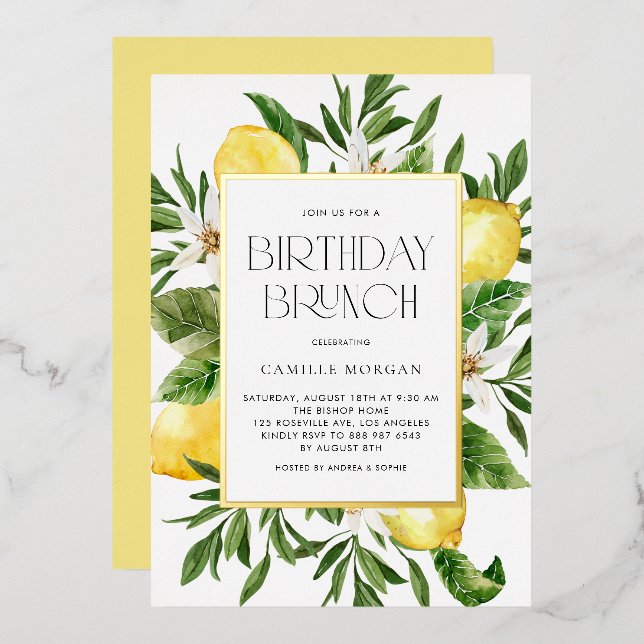 Invitación Con Relieve Metalizado Brunch de cumpleaños botánico de marco limón de co (Anverso/Reverso)
