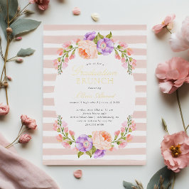 Invitación Con Relieve Metalizado Brunch de Graduación Blush Stripe y Bloom