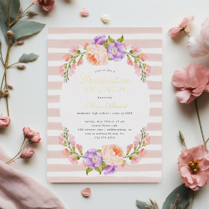 Invitación Con Relieve Metalizado Brunch de Graduación Blush Stripe y Bloom