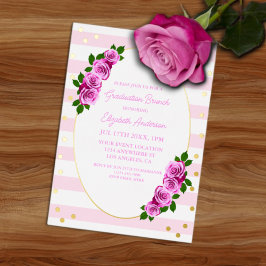 Invitación Con Relieve Metalizado Brunch de graduación con rosas rosadas a rayas
