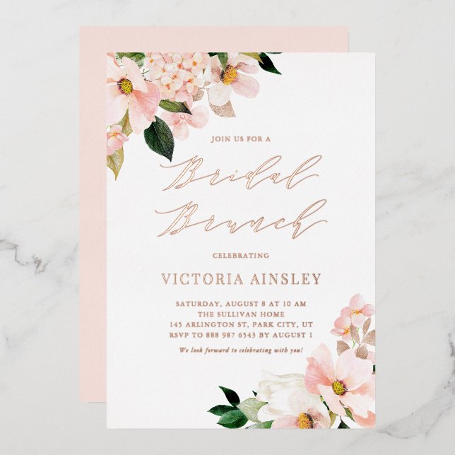 Invitación Con Relieve Metalizado Brunch de novias Rosa de Magnolias Rosadas de Rubo (Anverso/Reverso)
