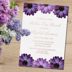 Invitación Con Relieve Metalizado Brunch del día de la madre morada floral