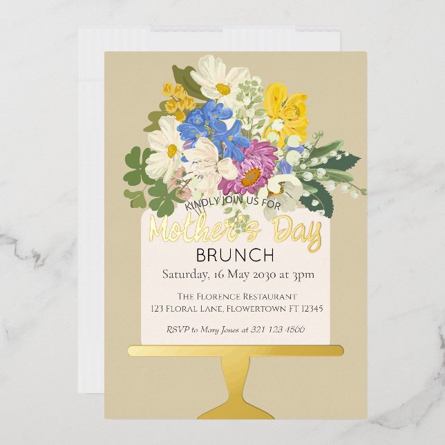 Invitación Con Relieve Metalizado Brunch Floral Bouquet Día de la Madre (Sobre)