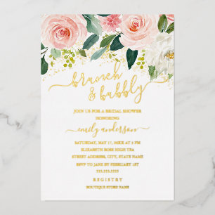 Invitación Con Relieve Metalizado Brunch Floral de Blush Gold y Bridal Shower Burbuj