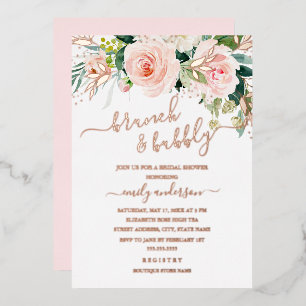 Invitación Con Relieve Metalizado Brunch Floral Rosa De Rubor Rosa Y Bubbly