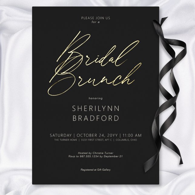 Invitación Con Relieve Metalizado Brunch Mínimo De Novias Negras Y Blancas (Minimal Gold Black & White Bridal Brunch Foil Invitation)