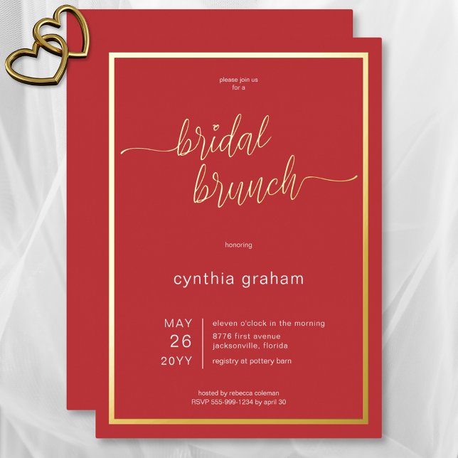 Invitación Con Relieve Metalizado Brunch Mínimo Mínimo Bridal Crimson Red Modern (Crimson Red Modern Minimal Bridal Brunch Foil Invitation)