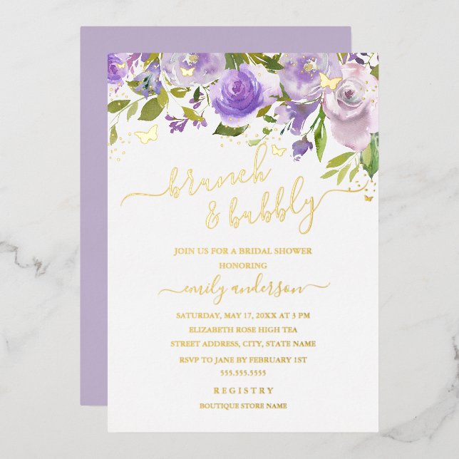 Invitación Con Relieve Metalizado Brunch Morado De Agua De Oro Y Bubbly (Anverso/Reverso)