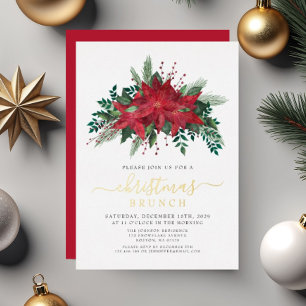 Invitación Con Relieve Metalizado Brunch Navidades florales de la elegante poinsetti
