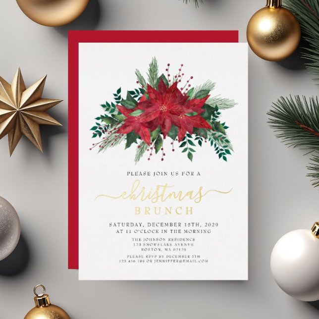 Invitación Con Relieve Metalizado Brunch Navidades florales de la elegante poinsetti (Elegant Red Poinsettia Floral Christmas Brunch Foil Invitation)