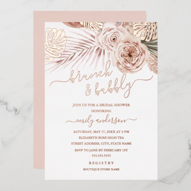 Invitación Con Relieve Metalizado Brunch ROSA Y Ducha Bridal (Anverso/Reverso)