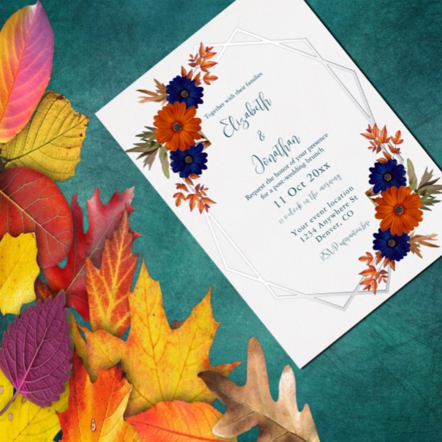 Invitación Con Relieve Metalizado Brunch Rústico Naranja Otoño Azul Post-Boda (Subido por el creador)