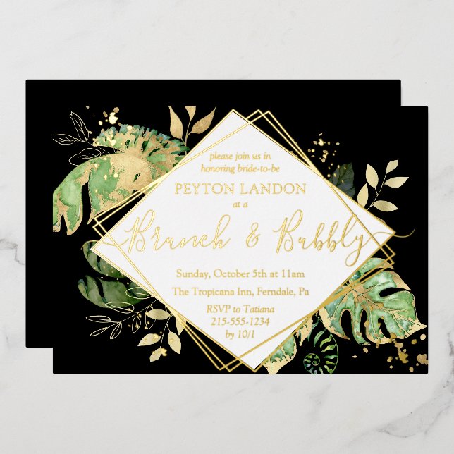 Invitación Con Relieve Metalizado Brunch Tropical Bubbly Bridal Shower Black & Gold (Anverso/Reverso)