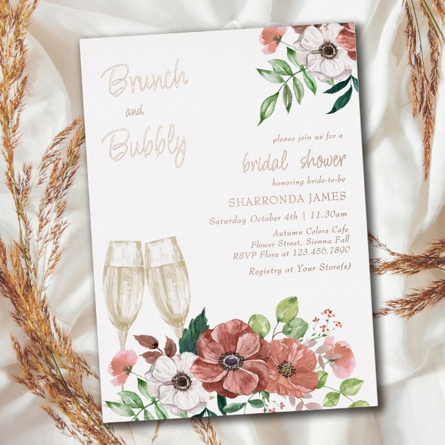 Invitación Con Relieve Metalizado Brunch y Bubbly Autumt Bridal Shower Rosa Gold (Subido por el creador)