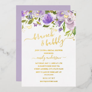 Invitación Con Relieve Metalizado Brunch y burbujas de acuarela de oro púrpura