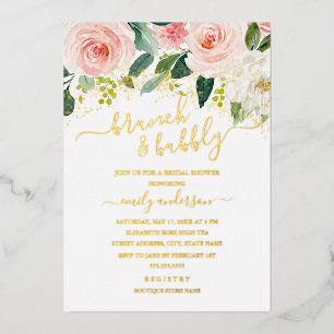 Invitación Con Relieve Metalizado Brunéi Floral De Oro Rubor Y Ducha De Novias Bubbl