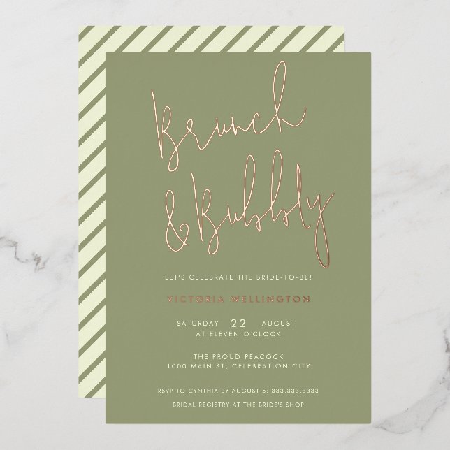 Invitación Con Relieve Metalizado Brunéi y Bubbly Sage Green Bridal Shower Gold (Anverso/Reverso)