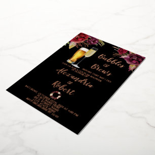 Invitación Con Relieve Metalizado Bubbles & Brews Couples Wedding Shower Rosa Dorado