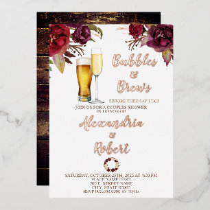 Invitación Con Relieve Metalizado Bubbles & Brews Couples Wedding Shower Rosa Dorado