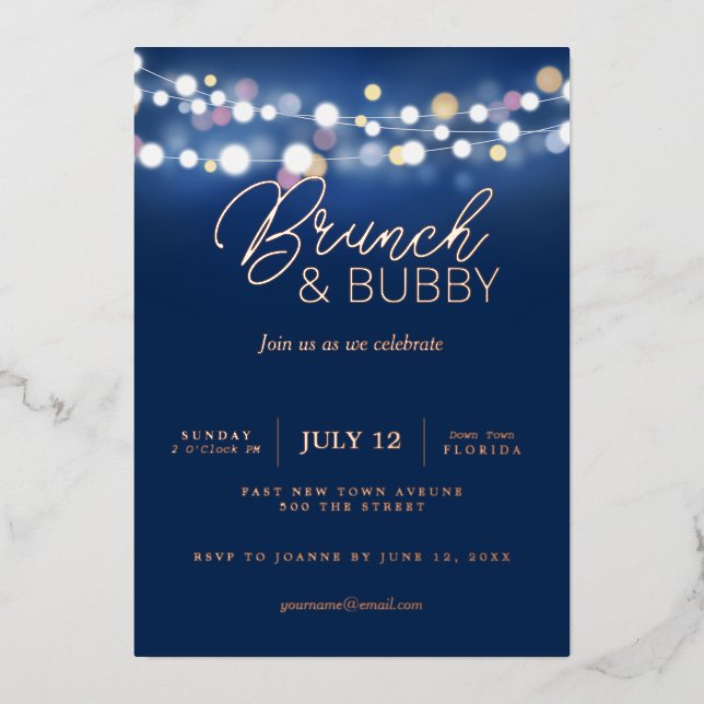 Invitación Con Relieve Metalizado Bubbly & Brunch Elegant Champagne & Brunch (Anverso)