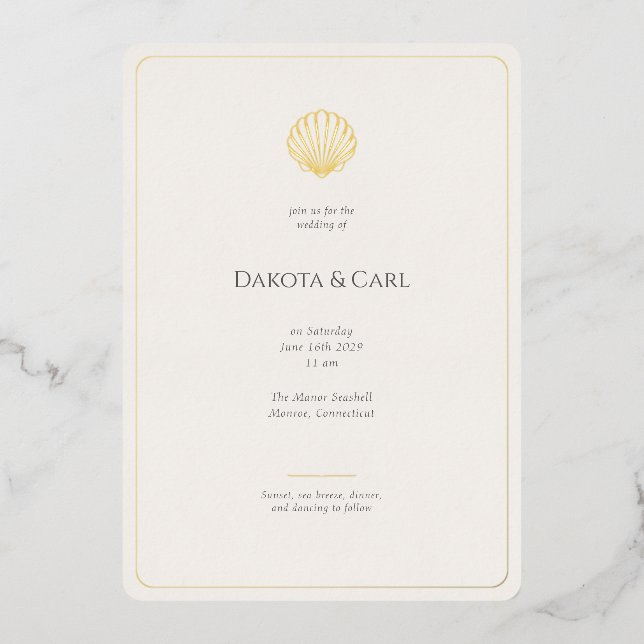 Invitación Con Relieve Metalizado Budget Gold Seashell All-in-One Wedding invitation (Anverso)
