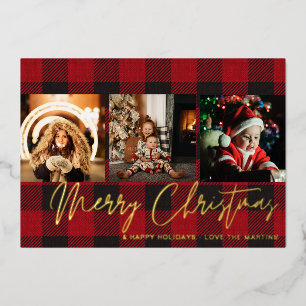 Invitación Con Relieve Metalizado Búfalo Check 3 Foto Feliz Navidad