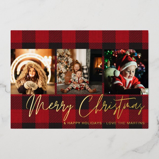 Invitación Con Relieve Metalizado Búfalo Check 3 Foto Feliz Navidad (Anverso)