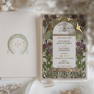 Invitación Con Relieve Metalizado Buganvilla Lila Oro Boda Arte Nuevo Mucha