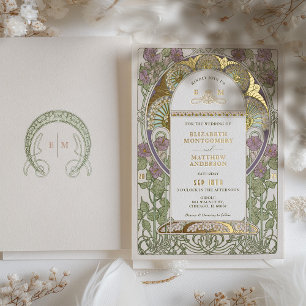 Invitación Con Relieve Metalizado Buganvilla Lila Oro Boda Arte Nuevo Mucha