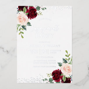 Invitación Con Relieve Metalizado Burgundy Besado Floral Fiesta de Compromiso Plata