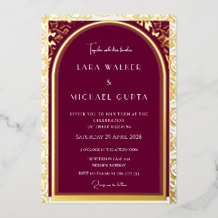 Invitación Con Relieve Metalizado Burgundy + Boda Blanca (Punteada Retro)