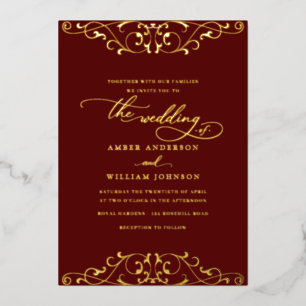 Invitación Con Relieve Metalizado Burgundy Dorado Remolino Elegante Boda 