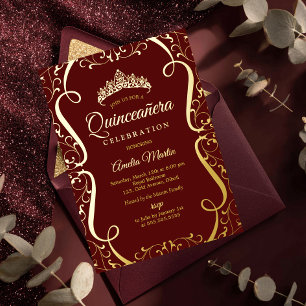 Invitación Con Relieve Metalizado Burgundy Dorado Remolino Elegante Quinceañera